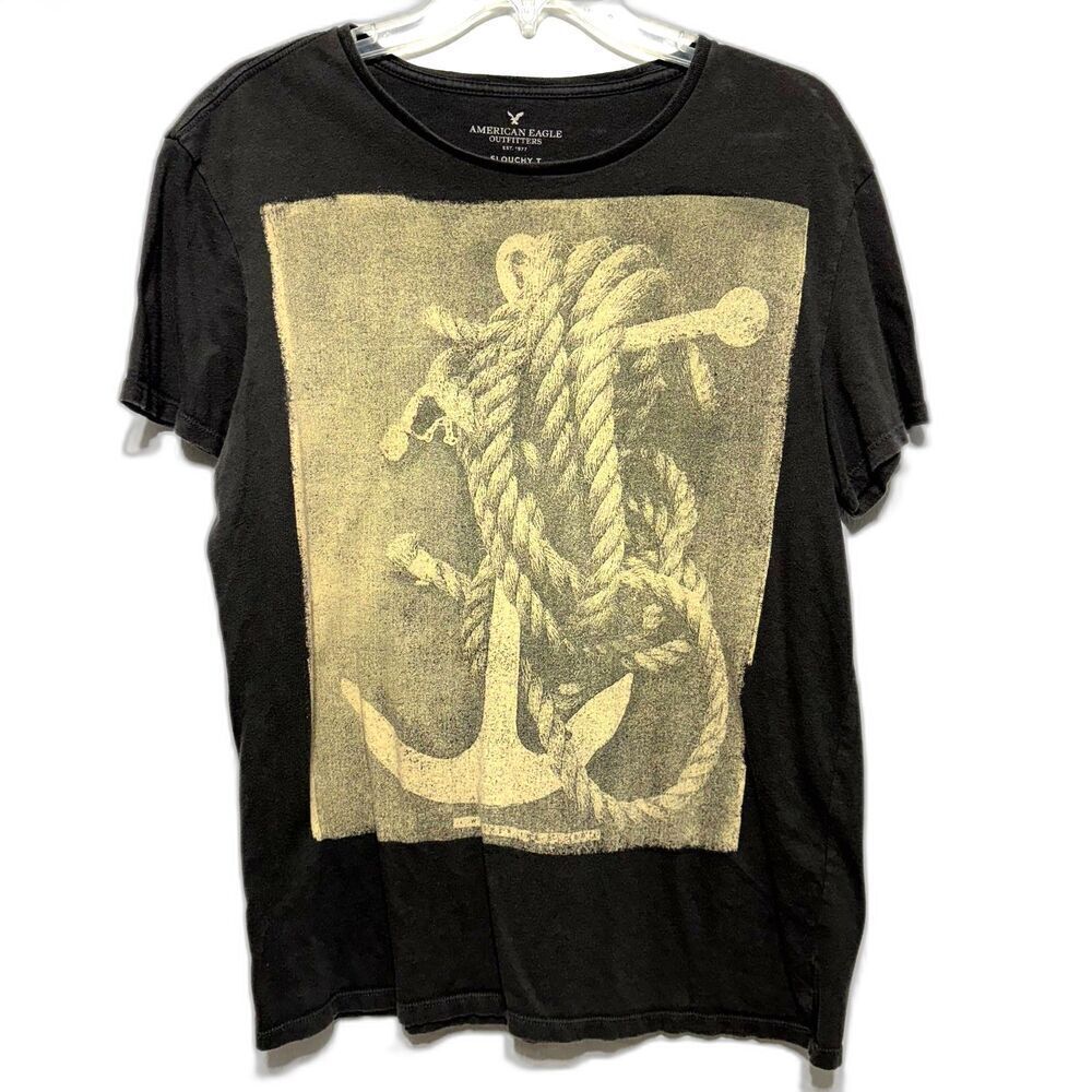 American Eagle Shirt Short Sleeve Anchor Graphic Tee Gray & Tan Mens Sz Medium